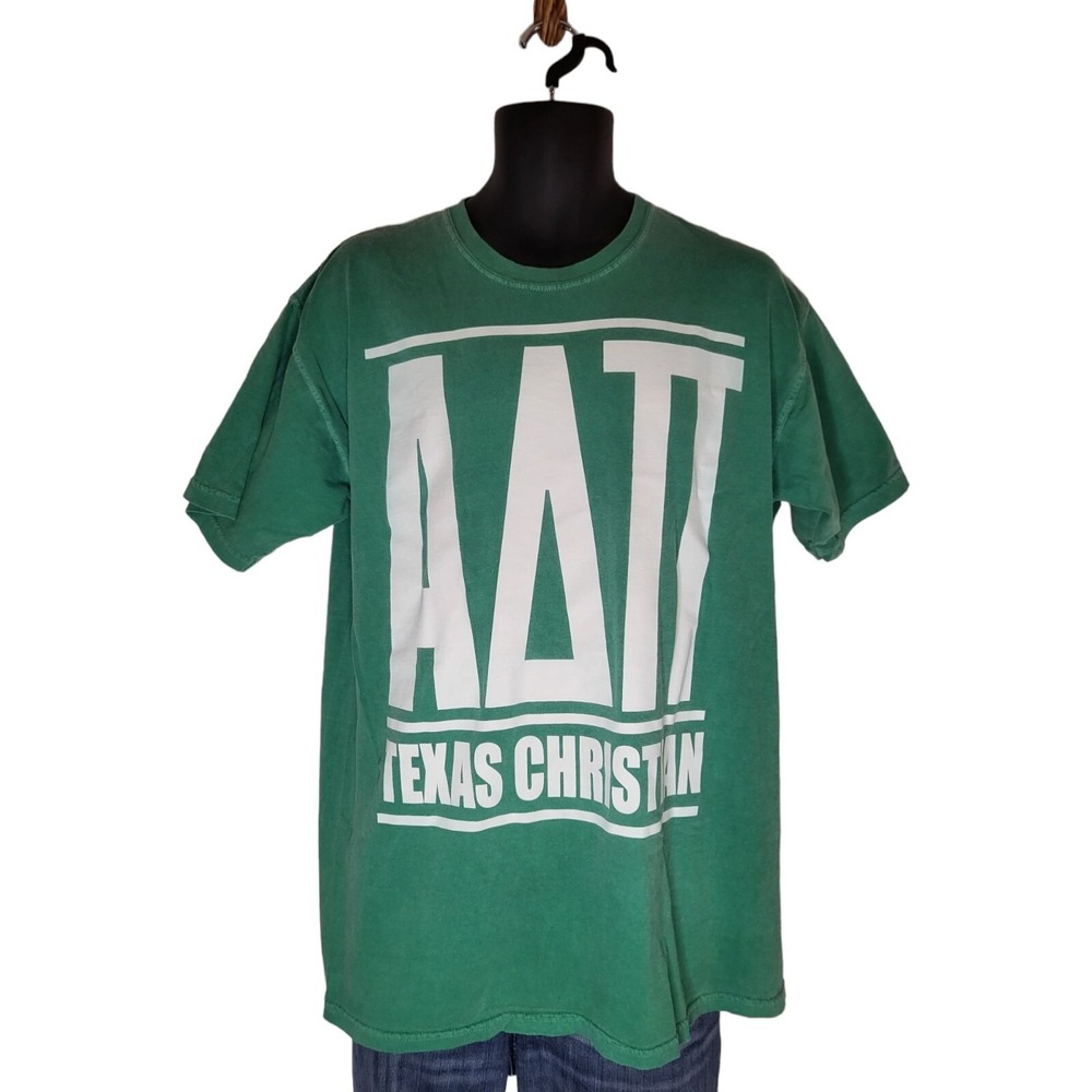 Comfort Colors Shirt Mens‎ L Green Alpha Delta Pi Sorority Texas Christian TCU